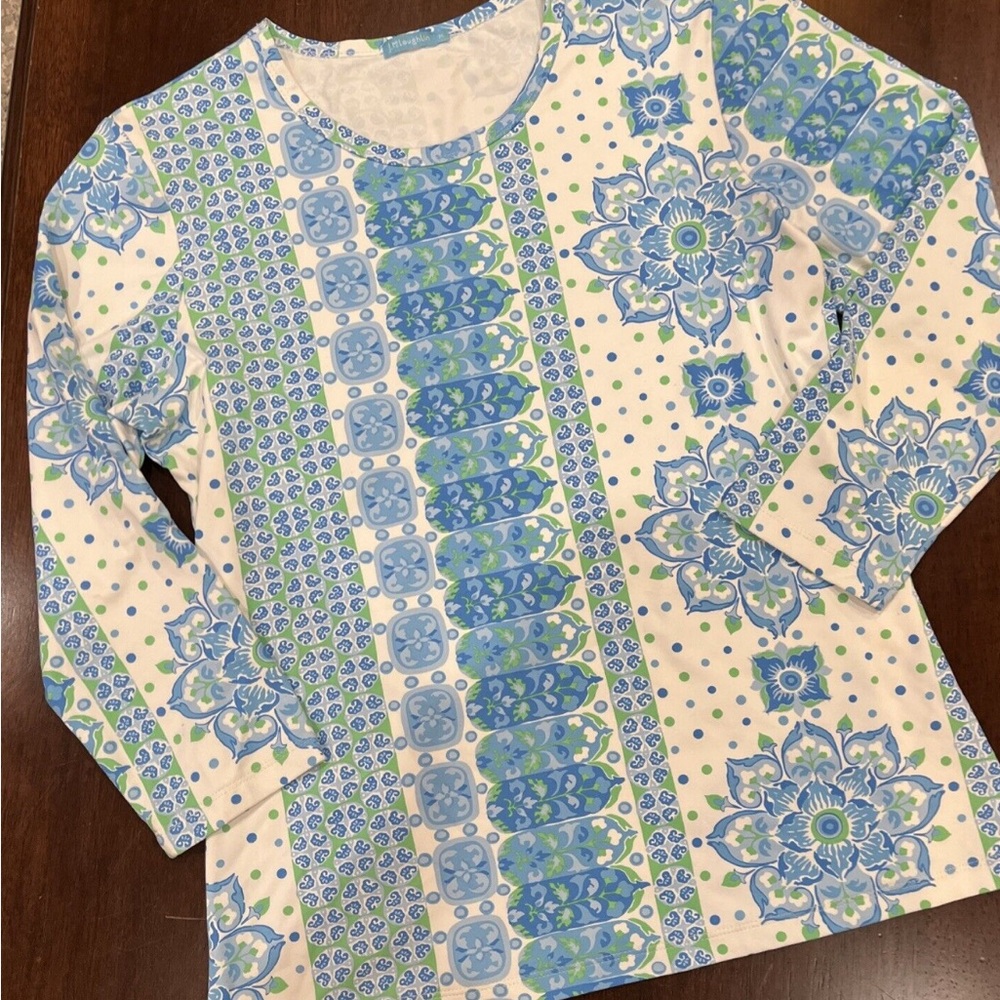 J. MCLAUGHLIN Womens Catalina Cloth Blue White Blouse Top 3/4 Sleeve L Large